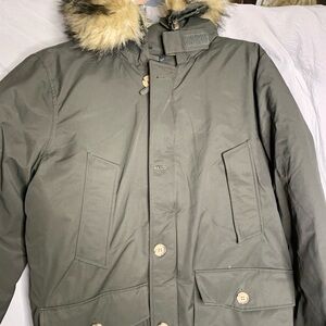 Piombo Khaki Puffer Jacket with Faux Fur Trim